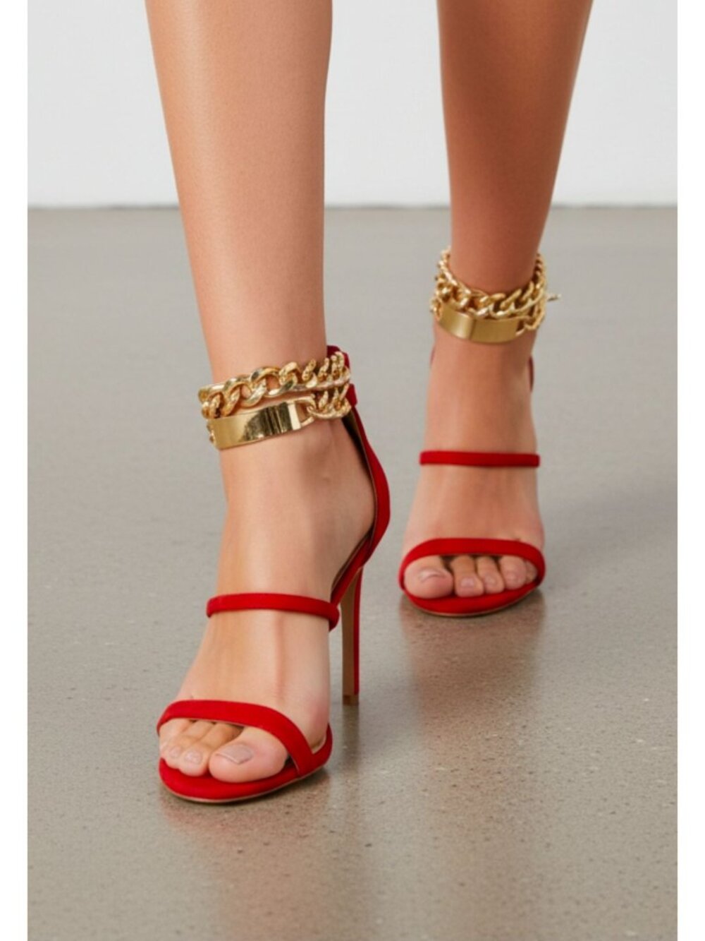 Red High Heel Sandals With Gold Chain Ankle Strap & Back Zipper Elegant Party Sh